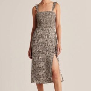 Abercrombie & Fitch Ruffle Strap Smocked Midi Dress, cheetah print, size XS